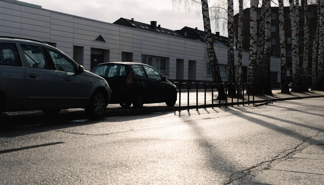 A quiet street corner in Tampere with parked cars and low office buildings in the late afternoon