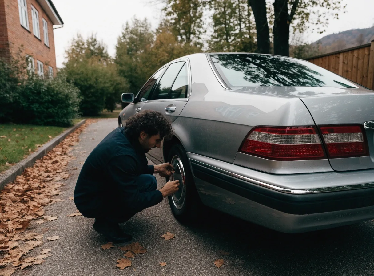 A car owner checking details against her parked estate car on a quiet Finnish residential street