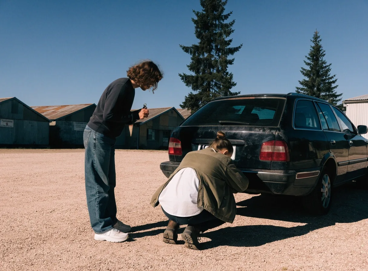Two people inspecting a used estate car together on a gravel forecourt outside a Finnish town