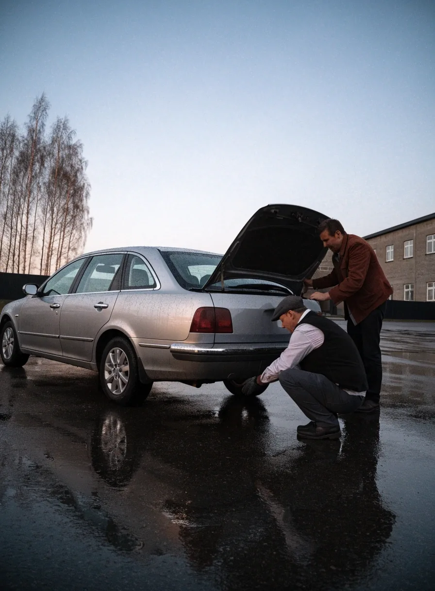 A buyer comparing a used car against the register details on the sales yard