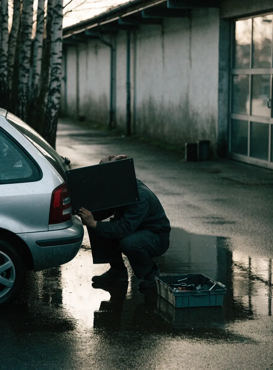 A vehicle being moved with a transfer permit on a wet workshop apron