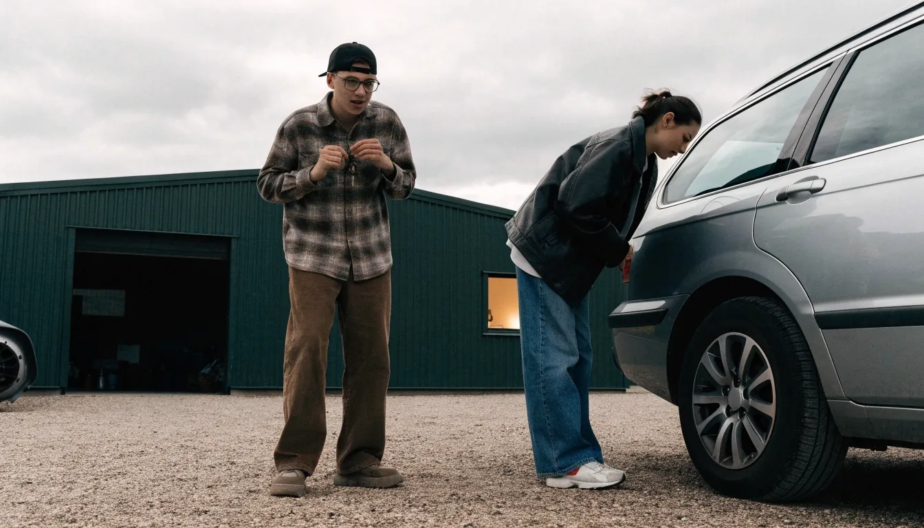 A seller and buyer inspecting a used estate car on a Nordic forecourt before the handover
