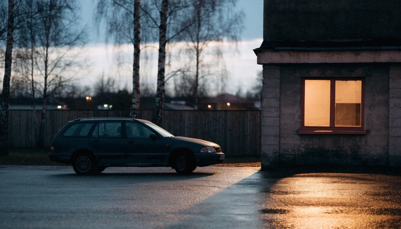 A quiet used-car forecourt at dusk in a Finnish town