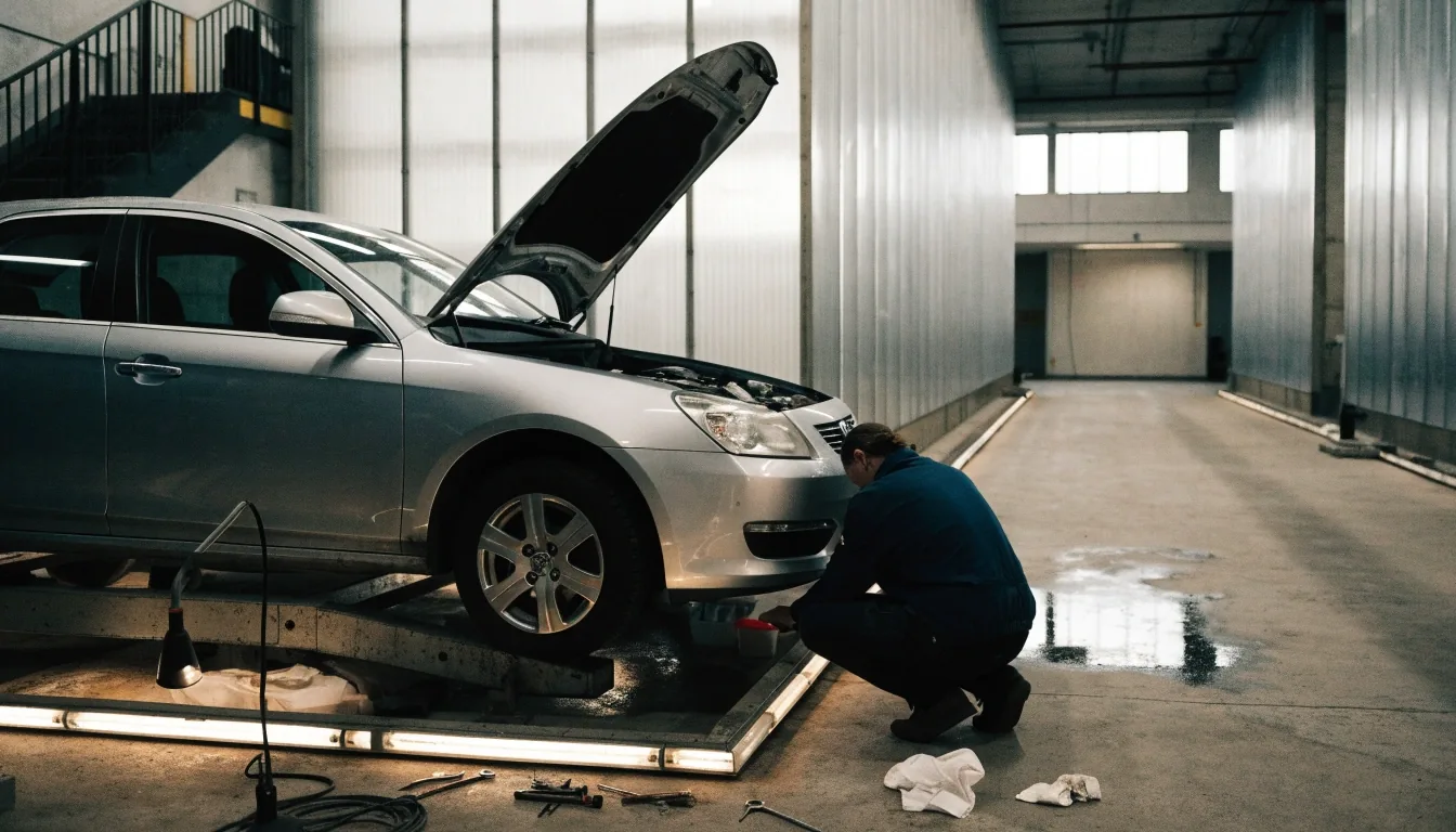 A vehicle being checked in a Finnish inspection hall before a sale
