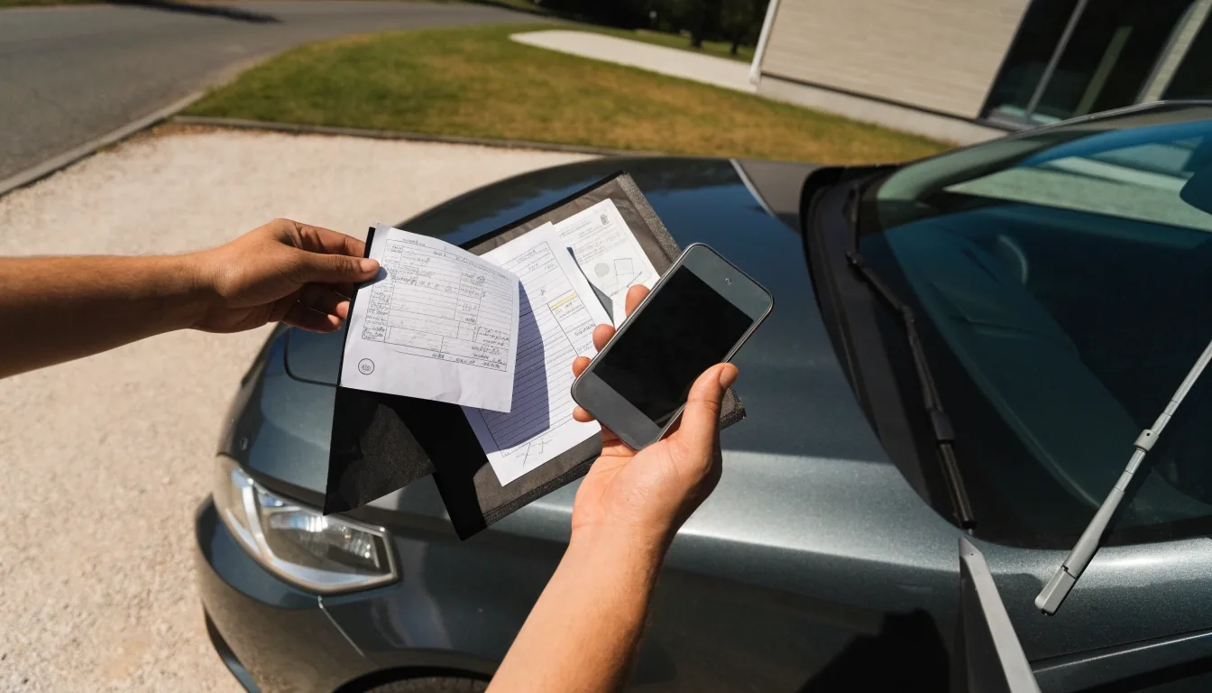 Documents and keys being photographed beside a car on the day of sale