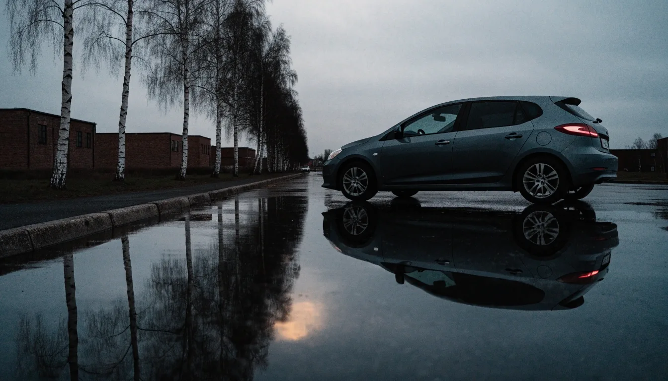 A parked car in a Finnish car park at dusk with wet asphalt and grey light