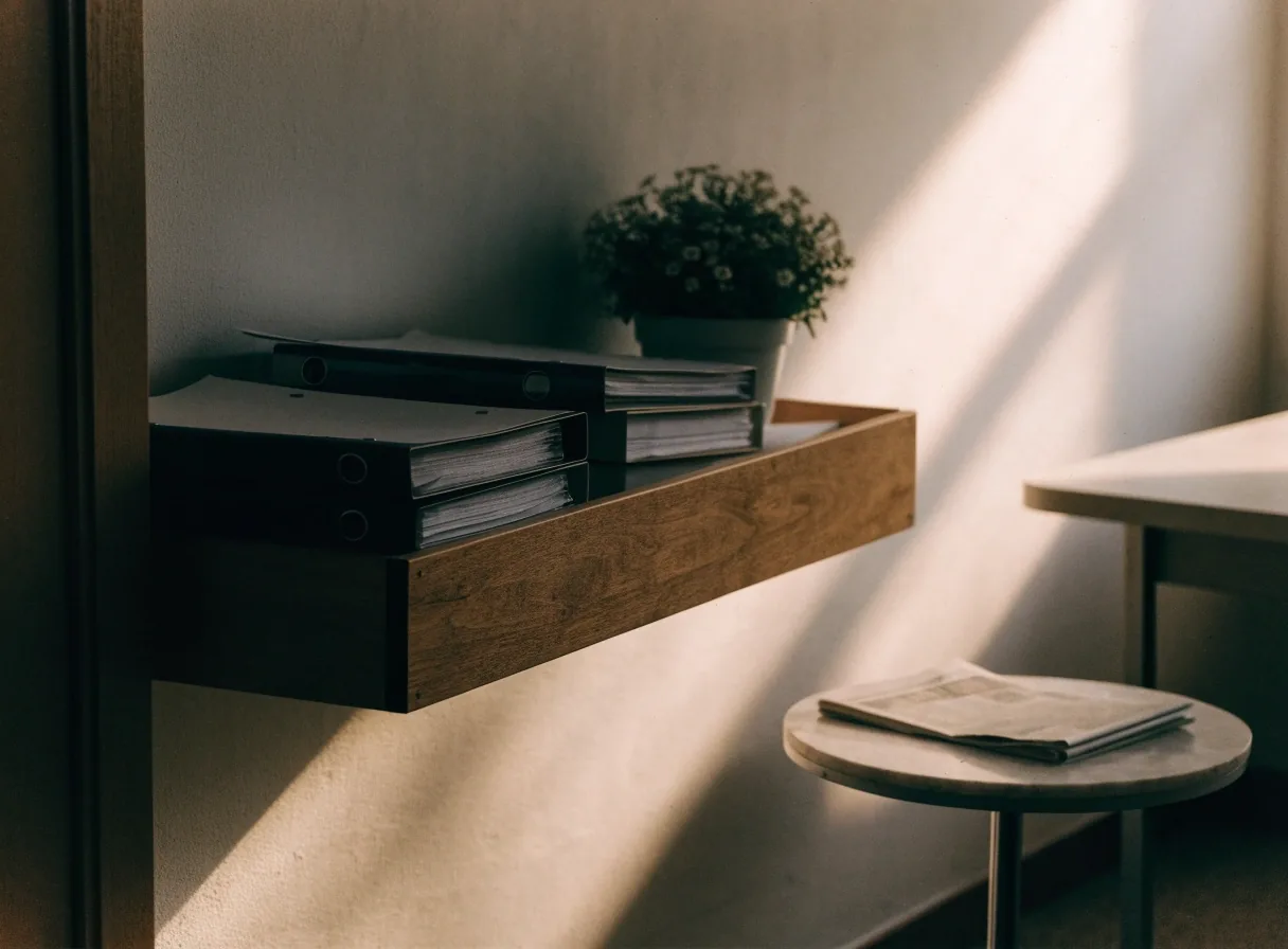 Quiet office interior with binders on a shelf and reading glasses on a side table in warm afternoon light