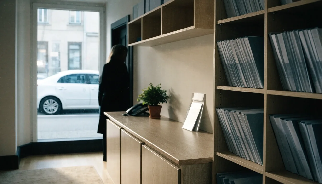 Quiet front desk of a Finnish vehicle advisory office with parked cars visible through the window