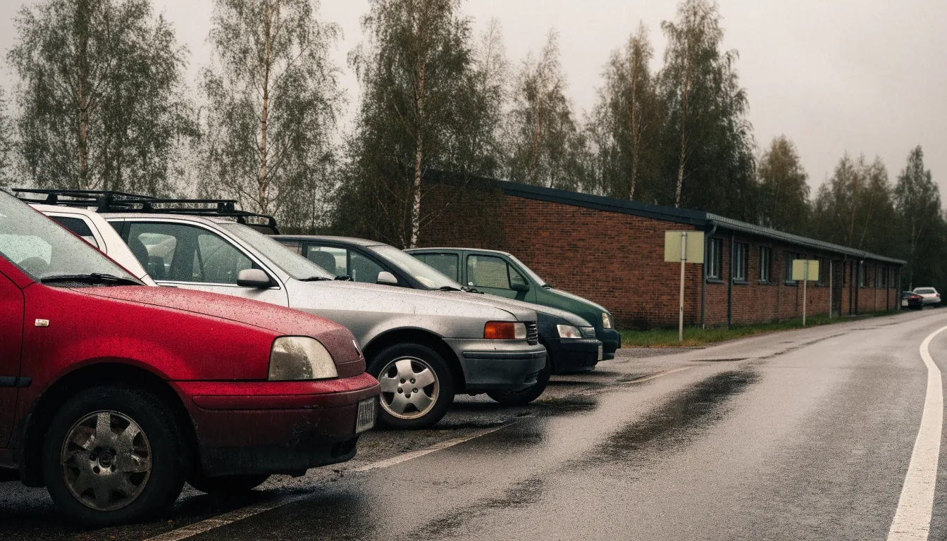 Row of parked cars along a Finnish service road beside a low office building on an overcast morning