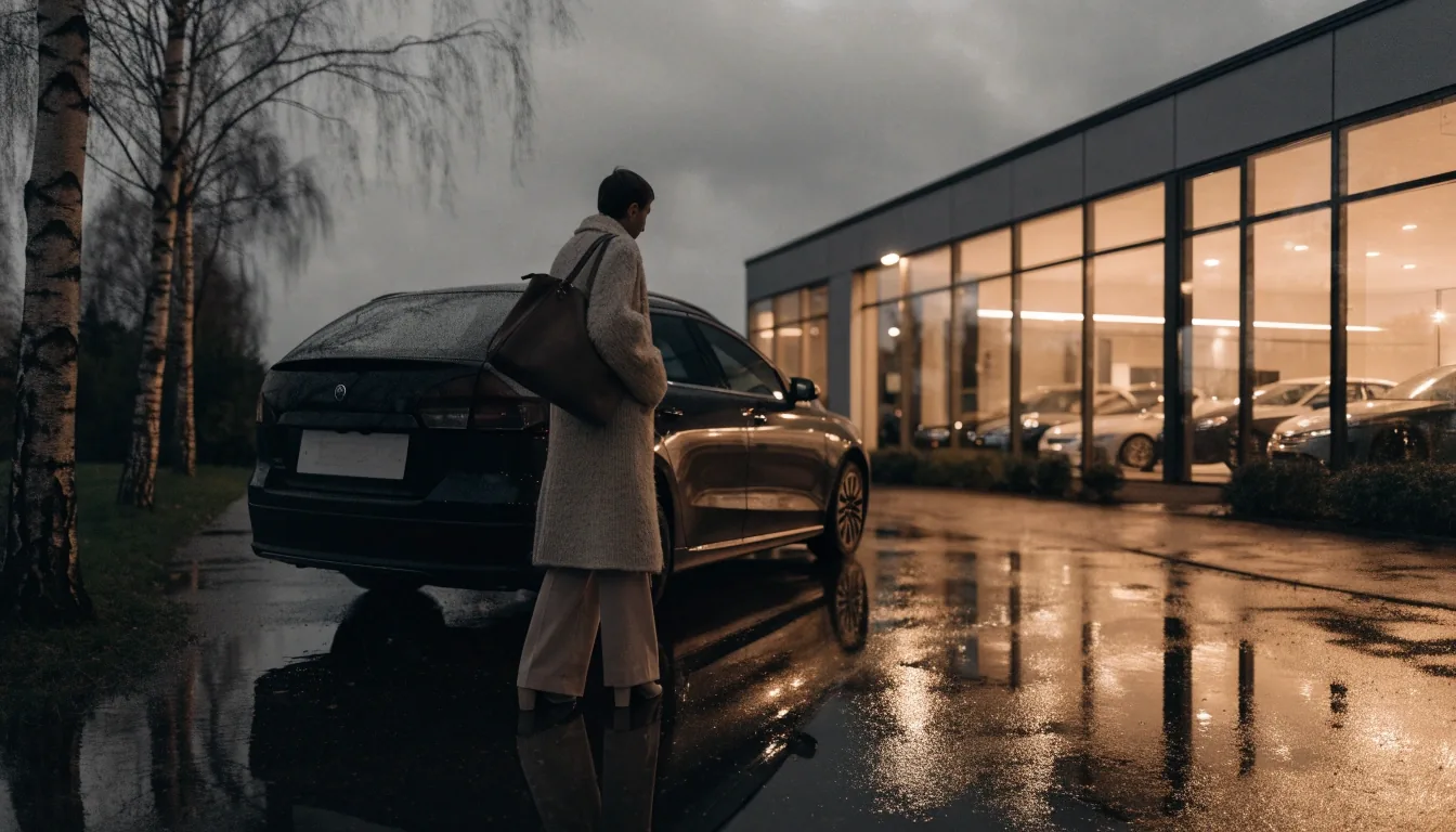 A quiet Finnish suburban street at dusk with a parked car at the kerb