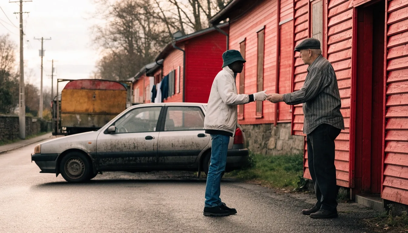 Two people completing a used-car handover in a driveway, one passing the keys