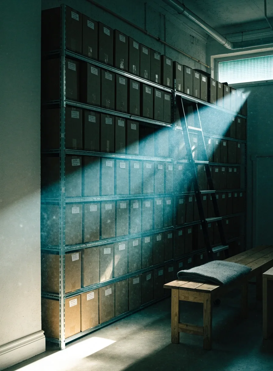 Closed filing cabinet and desk in a calm Finnish advisory office in morning light