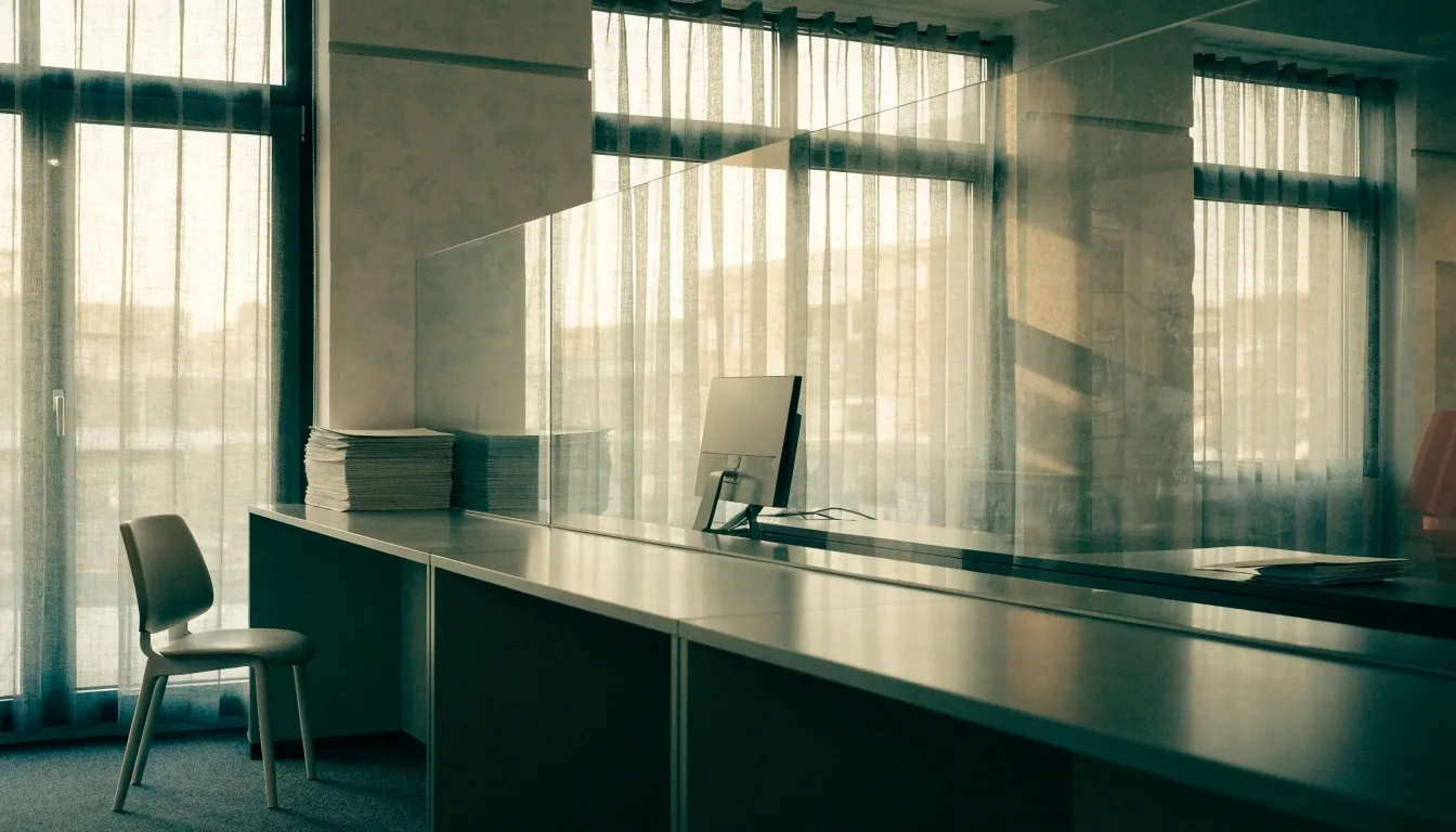 Quiet service counter in a Finnish vehicle registration office with daylight through tall windows