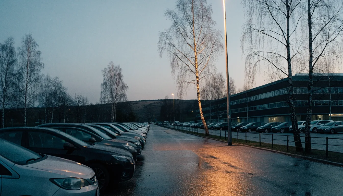Rows of parked cars beside a low office building at dusk with wet asphalt and street lights