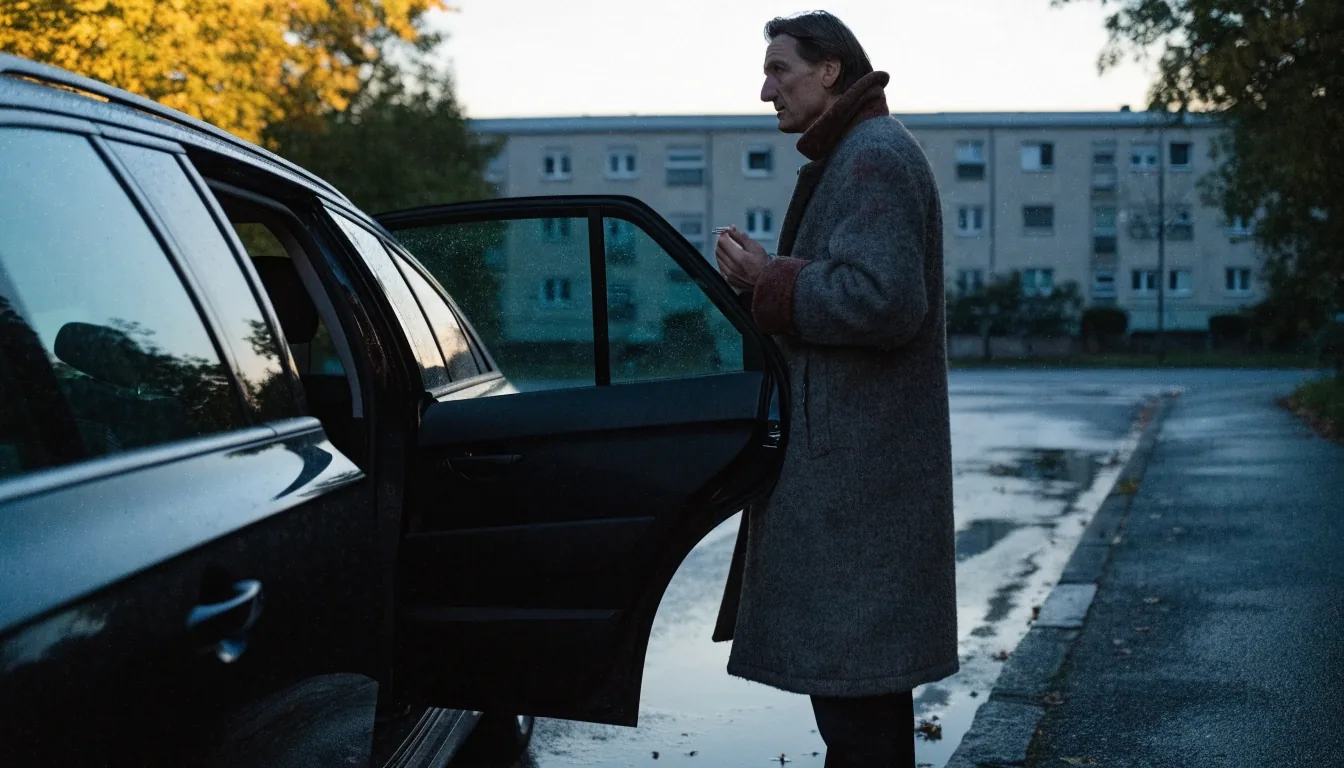 A parked car on a quiet Finnish residential street at dusk