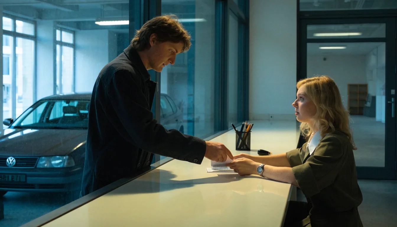 A vehicle owner handing registration documents to a clerk at a Finnish registration service desk