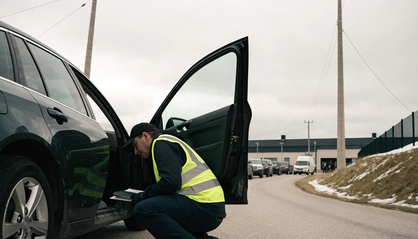 An imported car being inspected at a Finnish vehicle inspection station lane