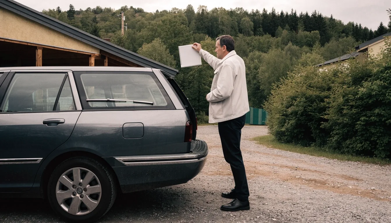 A vehicle owner checking registration paperwork beside his car in a Finnish courtyard
