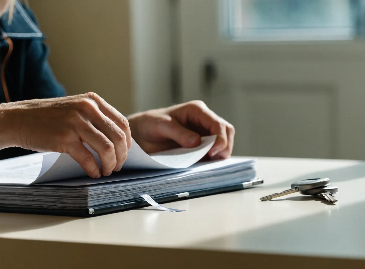 Hands turning a page of a vehicle registration file beside car keys