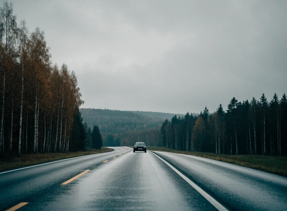 A two-lane Finnish road on an overcast autumn morning with wet asphalt and a treeline