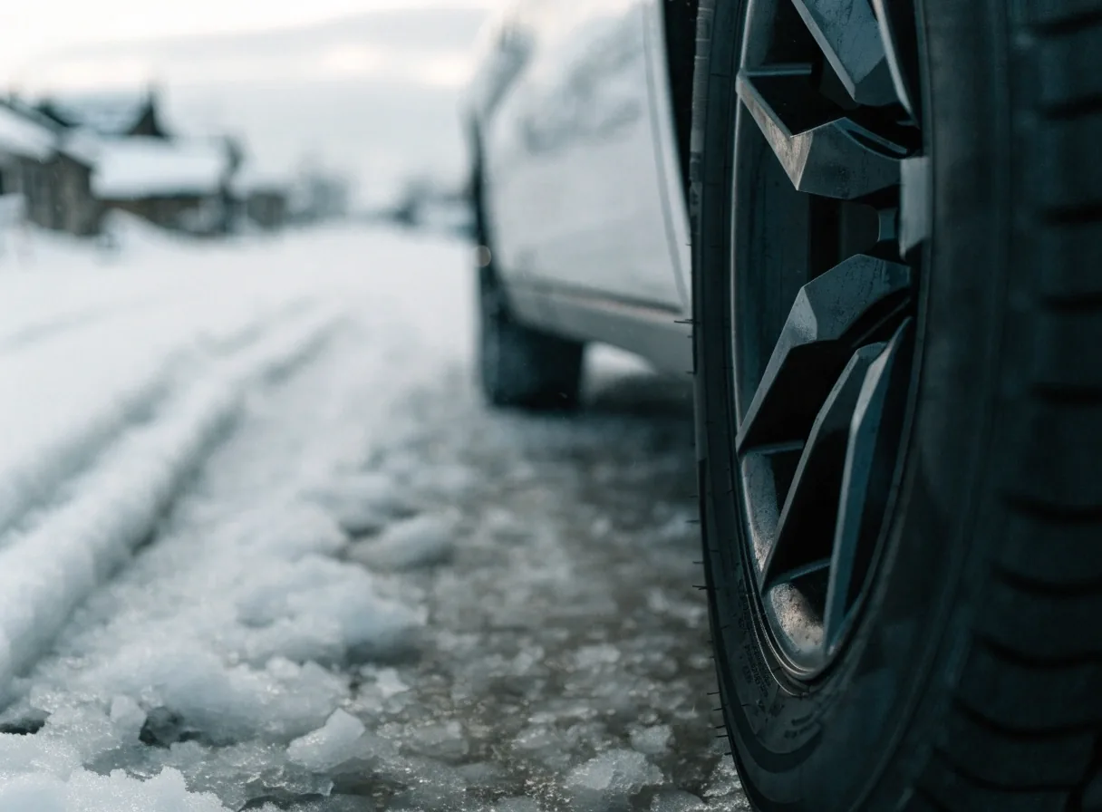A Finnish rural road in winter with snow banks and a wet driving line