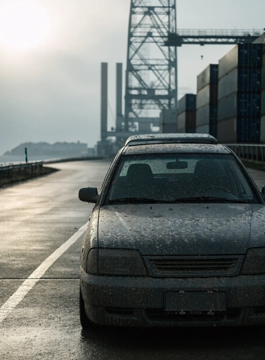 A car with a blank plate area parked at a ferry terminal apron in morning haze