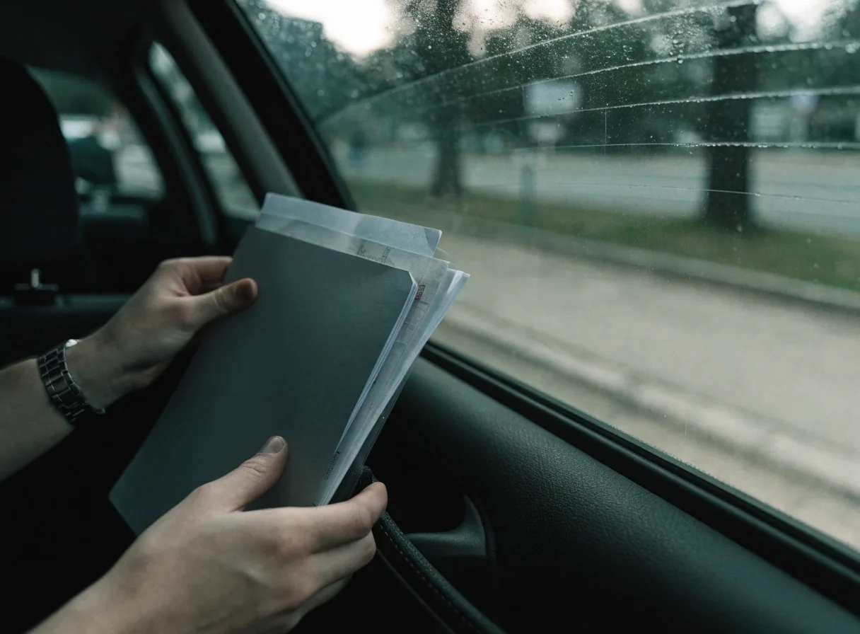 A driver checking a document folder beside an unbranded car at a roadside layby