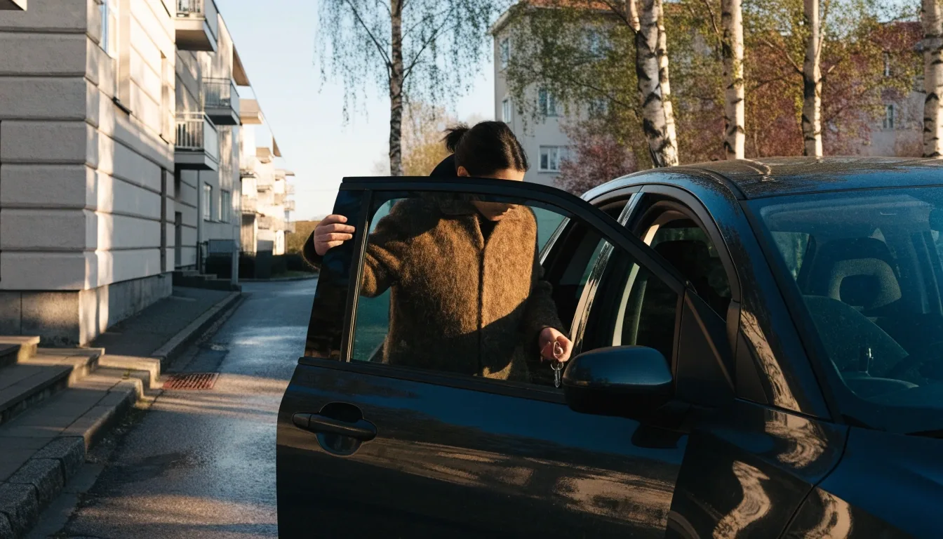 A car parked on a quiet Finnish residential street in late afternoon light