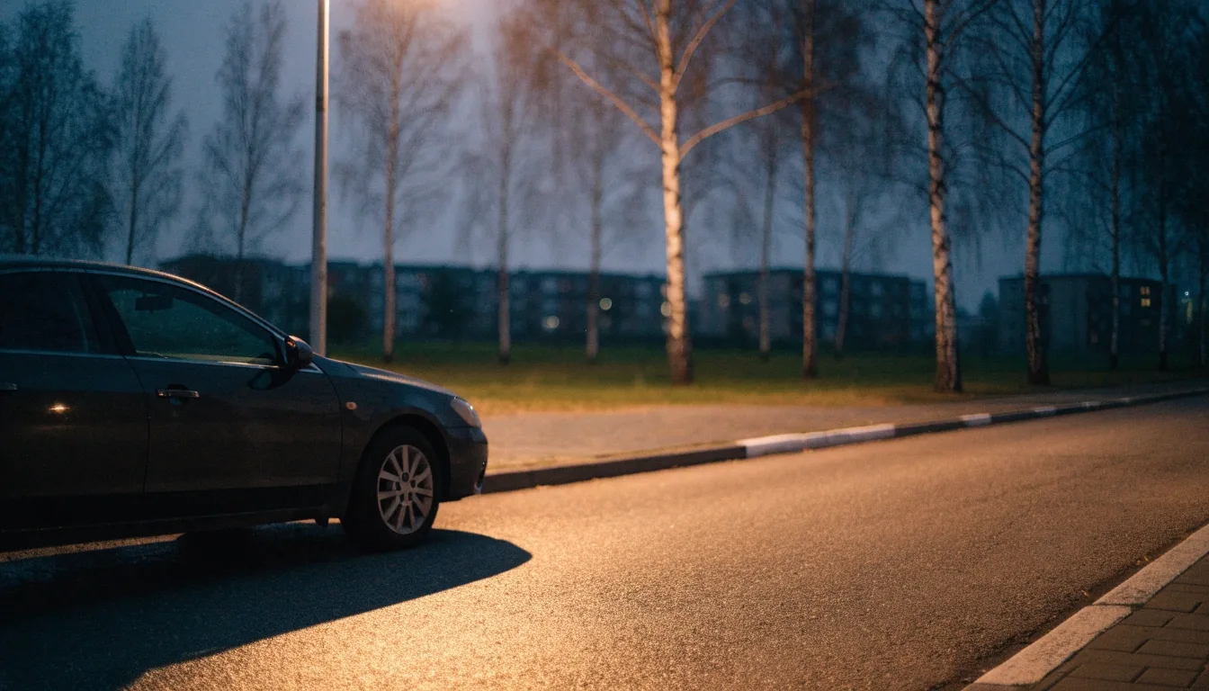 A parked vehicle on a quiet Finnish residential street in the evening