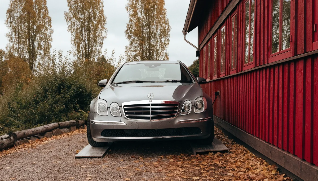 A vehicle kept out of traffic use on a private driveway with a maintenance charger connected
